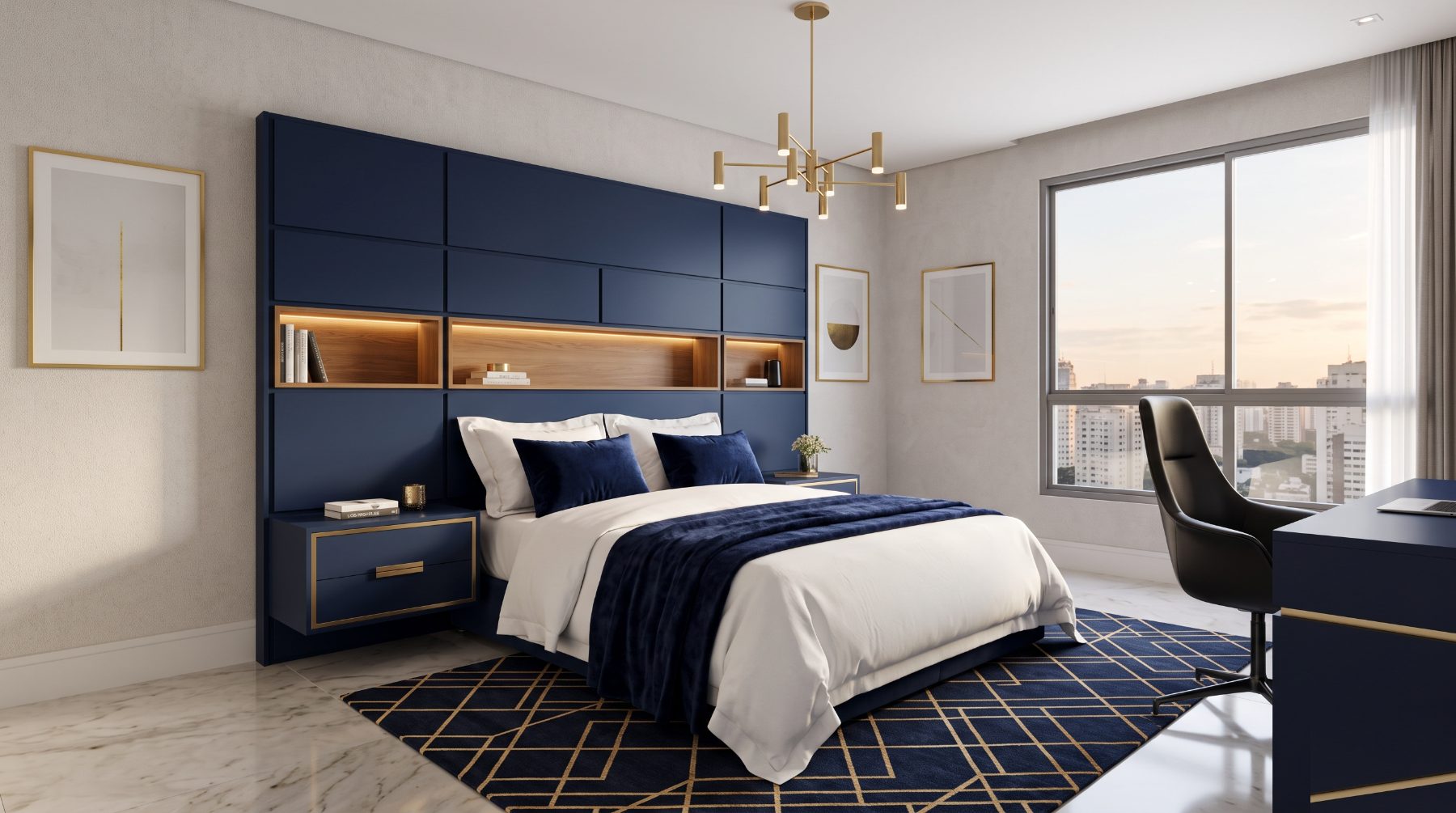 Quarto planejado em azul marinho com detalhes dourados